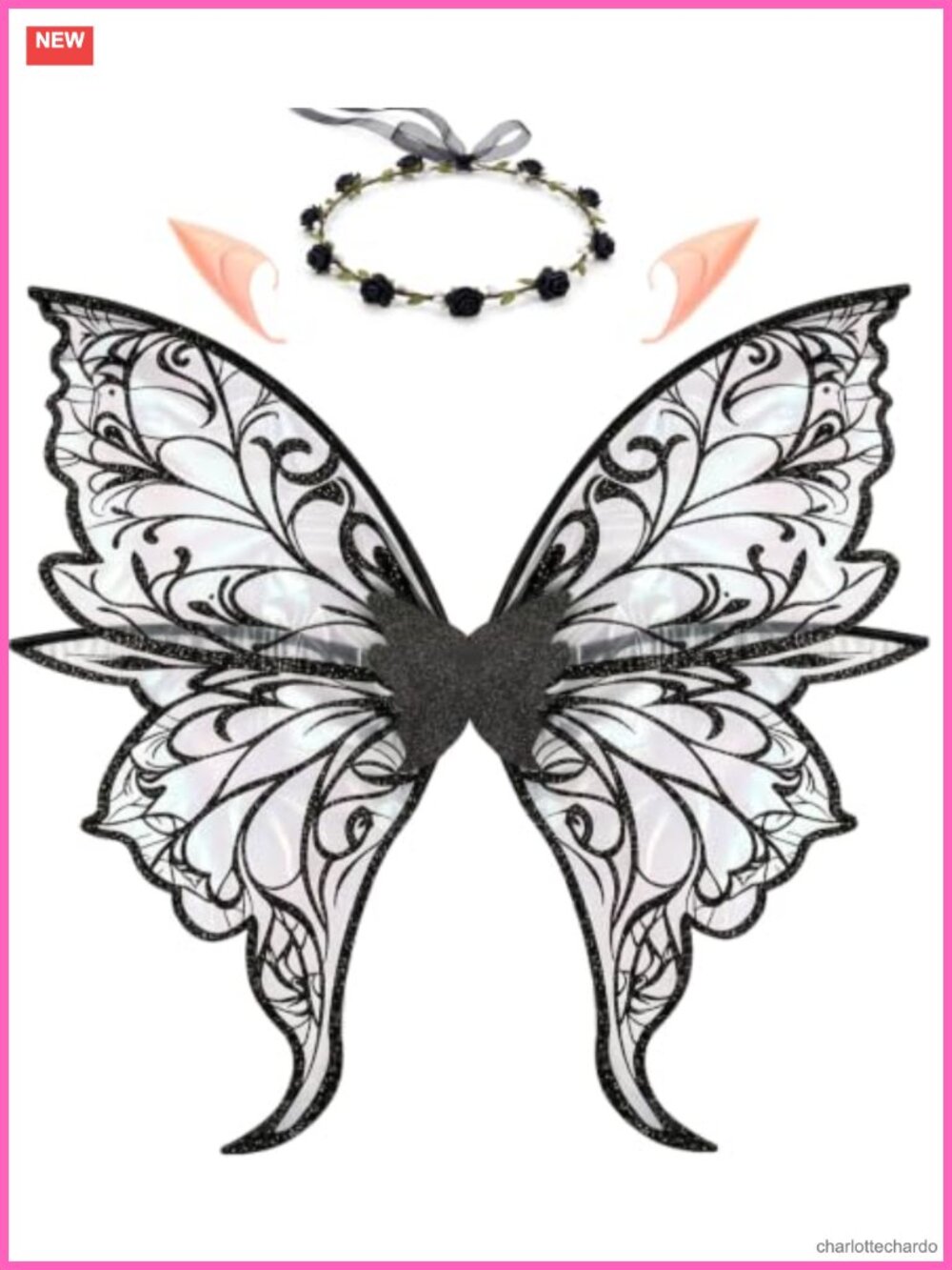 Large Fairy Wings Costume for Women with Elf Ears & Floral Crown Organza Cosplay